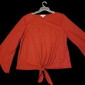 Kim Roger's Red Sparkling Knot Tied Bell Sleeve Shirt Women's Sz L